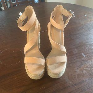 Cream suede strappy wedge shoes